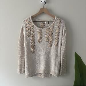 Anthropologie Akemi + Kin Cream Gray White Ribbon Embellished Knit Sweater Top